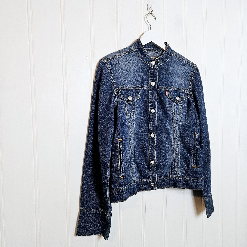Levi's Easy Rider Denim Jacket L Y2K Moto Mandarin Collar Snap Front Blue